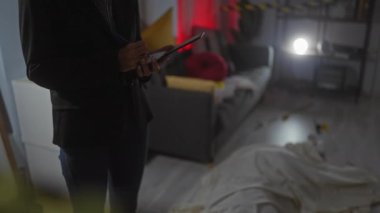 Dedektif bir kadın, kanıt işaretleri ve vücut hatlarıyla kapalı bir suç mahallini araştırıyor.