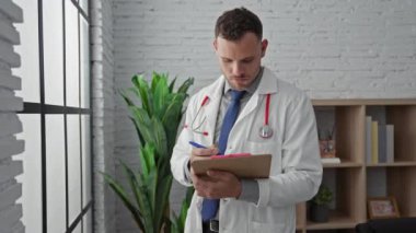 Beyaz laboratuvar önlüğü ve steteskop giymiş düşünceli bir adam modern bir klinikte panoya yazı yazıyor..