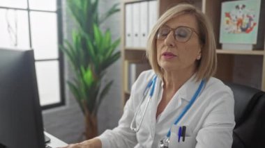 Olgun, gözlüklü ve steteskop takan kadın bir doktor çalışma masasında oturur ve kapalı bir klinikte bilgisayar üzerinde çalışır..