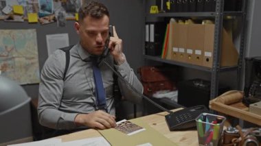Ofisteki İspanyol dedektif telefon, kanıt, harita ve kamerayla davayı tartışıyor..