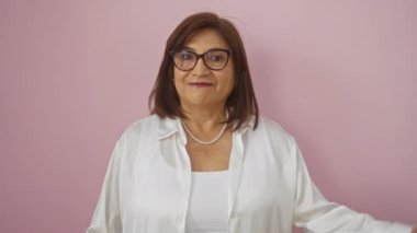 Gözlüklü, beyaz bluz giyen olgun bir İspanyol kadın, izole edilmiş pembe bir arka plana baş parmak işareti veriyor..