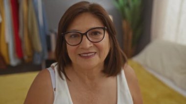 Kısa saçlı ve gözlüklü olgun bir İspanyol kadın evdeki rahat ve süslü bir yatak odasında yatağında otururken gülümsüyor..