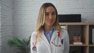 Modern bir klinikte beyaz önlüklü ve steteskoplu çekici sarışın kadın doktor..