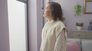 Rahat, modern bir oturma odasında pencereden dışarı bakan olgun bir kadın.