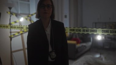 Olgun bir kadın dedektif, kapalı bir suç mahallinde kollarını bağlamış, dikkat bandıyla dikiliyor..