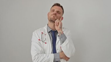 Beyaz önlüklü düşünceli bir erkek doktor, izole bir arka planda, elleri çenesinde ve boynunda steteskopla düşünüyor.