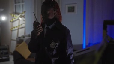 Genç bir Afro-Amerikalı kadın polis telsizle kapalı, kapalı bir suç mahallinde iletişim kuruyor.