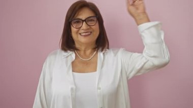 Gülümseyen orta yaşlı, kısa saçlı, gözlüklü, beyaz elbiseli, izole edilmiş pembe bir arka plana bakan İspanyol kadın..