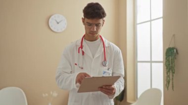 Klinikteki genç bir İspanyol erkek doktor notlarını pano ile inceliyor, gözlük takıyor ve parlak ışık saçan bir odada kırmızı steteskoplu beyaz bir ceket giyiyor..