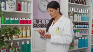 Beyaz laboratuvar önlüklü genç bir İspanyol kadın eczanede çalışıyor. Telefonunu, arkasında bir sürü ürünle kontrol ediyor..