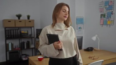Çekici sarışın beyaz kadın modern bir ofiste tablet tutuyor. Masası ve arka planında rafları var..