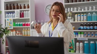Sarışın, güzel bir kadın eczanede elinde ilaç şişesiyle telefonla konuşuyor. Etrafı çeşitli ilaç ürünleriyle çevrili..