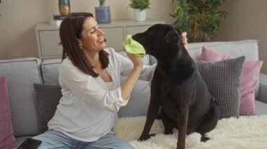 Genç bir İspanyol kadın şık bir apartman dairesinde rahat bir kanepede otururken labrador köpeğinin yüzünü bezle temizliyor..