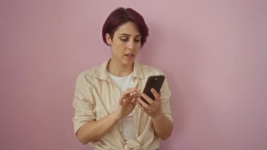 Soyutlanmış pembe arka planda genç bir kadın. Stresli ve hayal kırıklığına uğramış beyaz bir kadın elinde akıllı telefonla tepki veriyor.