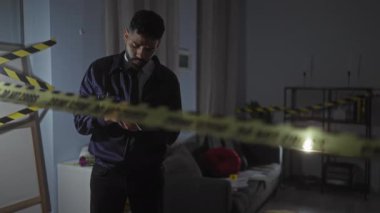 Ciddi bir İspanyol, kapalı bir suç mahallinde, loş bir oturma odasında, uyarı bandıyla kanıtları inceliyor..