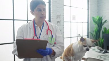 Genç bir kadın veteriner klinikte elinde bir Chihuahua 'nın yanında bir dosya tutarak veterinerlik işyerini renklendiriyor..