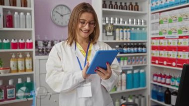 Gülümseyen kadın eczacı elinde iyi stoklanmış bir eczanede renkli ürünlerle bir tablet tutuyor..