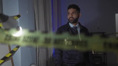 Ciddi bir İspanyol dedektifi ön planda polis bandı ve modern dekorla loş ışıklandırılmış bir suç mahallini inceliyor..