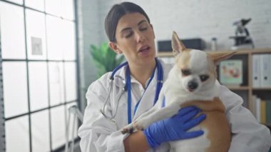 Bir kadın veteriner veteriner, veteriner kliniğinde bir chihuahua köpeğini muayene ediyor. Doktorla evcil hayvan arasındaki bağın altını çiziyor..