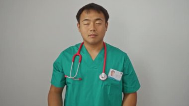 Doktor şaşkınlıkla işaret ediyor, tıbbi üniformalı genç Çinli şaşırmış ve parmağıyla işaret ediyor, izole edilmiş beyaz arka plana bakıyor.