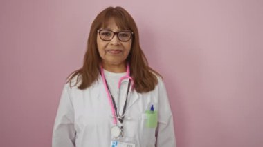 Beyaz önlüklü ve steteskop takan olgun bir İspanyol kadın doktor pembe izole bir geçmişe, somutlaşmış profesyonelliğe ve sağlık hizmetlerine karşı güvenle ayakta duruyor..
