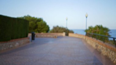 Odaklanmış ağaçların ve sokak lambalarının bulunduğu bulanık açık hava yolu, sakin bir ortamda uzak bir deniz arka planına karşı..