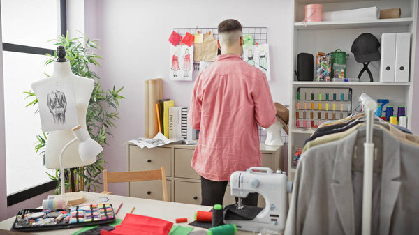 Молодой человек оценивает модные дизайны в хорошо оборудованном ателье, указывая на творческую и профессиональную среду.