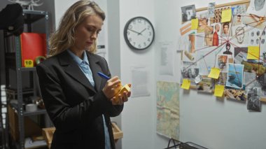 Odaklanmış bir kadın dedektif, suç soruşturma kuruluyla birlikte bir ofiste kanıtları analiz eder.