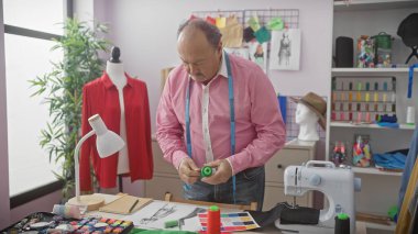 Middle-aged bald tailor with moustache measuring tape in a design studio surrounded by thread spools, sewing machine, and mannequin. clipart