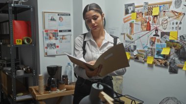 Hispanic woman detective reads a file in a cluttered police station office, surrounded by crime investigation evidence. clipart