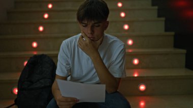 Düşünceli genç bir çocuk üniversitenin kampüs merdivenlerinde gece yarısı gazeteyle çalışıyor.