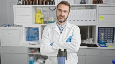 Laboratuvar önlüklü, kendinden emin, orta yaşlı bir İspanyol adam iyi donanımlı bir laboratuarda kollarını kavuşturmuş duruyor..