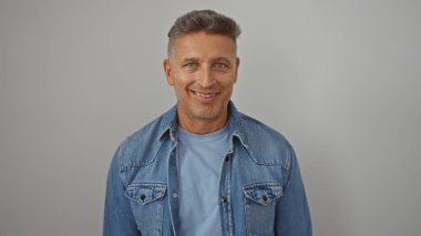 Yakışıklı, orta yaşlı, beyaz bir arka plana güvenerek gülümseyen beyaz bir adam.