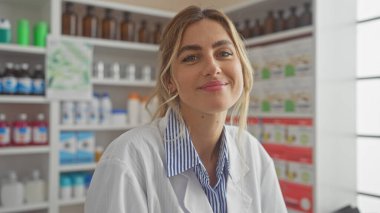 Arkasında ilaç rafları ve ürünlerle bir eczanede duran gülümseyen beyaz bir kadın eczacı..