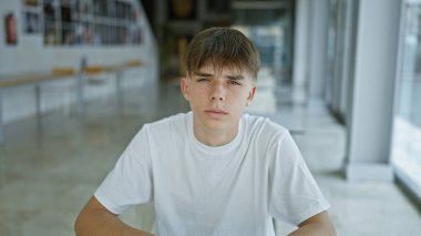 Üniversite kütüphanesinde oturan sarı saçlı, beyaz, genç, düşünceli bir erkek..