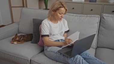 Sarışın, beyaz bir kadın evdeki gri bir kanepeye not alıyor. Yanında dizüstü bilgisayar ve yanında uyuyan bir chihuahua köpeği var..