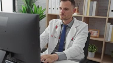 Bilgisayarda çalışan beyaz önlüklü yakışıklı erkek doktor hastane odasında rahatsızlık ya da acı çekiyor.