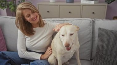 Gülümseyen bir kadın, rahat bir oturma odasında kanepede dinlenirken köpeğini okşar..