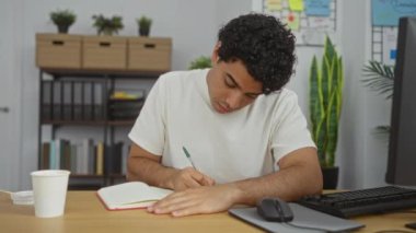 İspanyol bir adam ofis masasındaki bir deftere yazmaya odaklanmış, etrafı bitkiler ve bir fincan kahveyle çevrili, düzenli bir iş yeri içinde raflar ve klasörlerle birlikte..