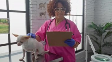 Pembe önlüklü olgun bir kadın veteriner veteriner veteriner veteriner kliniğindeki muayene masasında bir chihuahua köpeğini muayene eder..