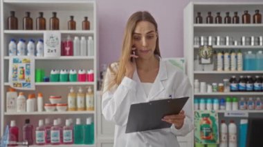 Genç bir kadın eczacı elinde iyi stoklanmış bir eczanede pano tutarken telefonla konuşuyor..