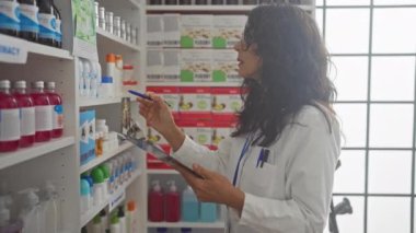 Eczacı kadın iyi aydınlatılmış bir eczanede ilaçları inceliyor..