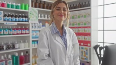 Kendine güvenen bir kadın eczacı modern bir eczanede ilaç sergiliyor.