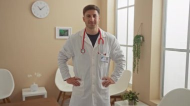 Bir klinikte veya hastanede boynunda steteskop ve parlak bir gülümsemeyle el hareketi yapan İspanyol bir erkek doktor..