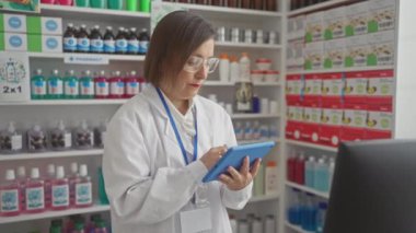 Eczanede ilaç kullanan orta yaşlı bir kadın eczacı..