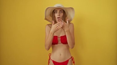 Bikinili bir kadın, yaz şapkalı bir kadın hata yüzünden şoka girdi, elleri şaşkınlıkla ağzını kapadı, sarı arka planda soyutlandı - gizli ifade