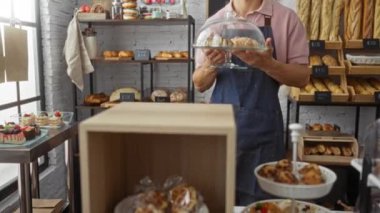 Pastanedeki genç adam, arka planda çeşitli ekmek ve kekler bulunan kapalı bir ortamda cam bir örtü altında sergilenen pastaları düzenliyor.