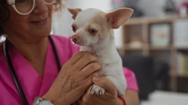 Veteriner kliniğinde pembe önlük giyen bir kadın küçük bir chihuahua 'yı sevgiyle kucağına alıyor ve ev sahibiyle ev sahibi arasında profesyonel bir ortam yaratıyor..