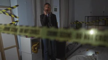 Evin içinde kanlı, kanıt işaretli ve polis bandıyla korkunç bir suç mahallini inceleyen kadın dedektif..