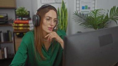 Ofiste çalışan, kulaklık ve gözlük takan, bilgisayar başında video konferansına katılan güzel sarışın, beyaz bir kadın..